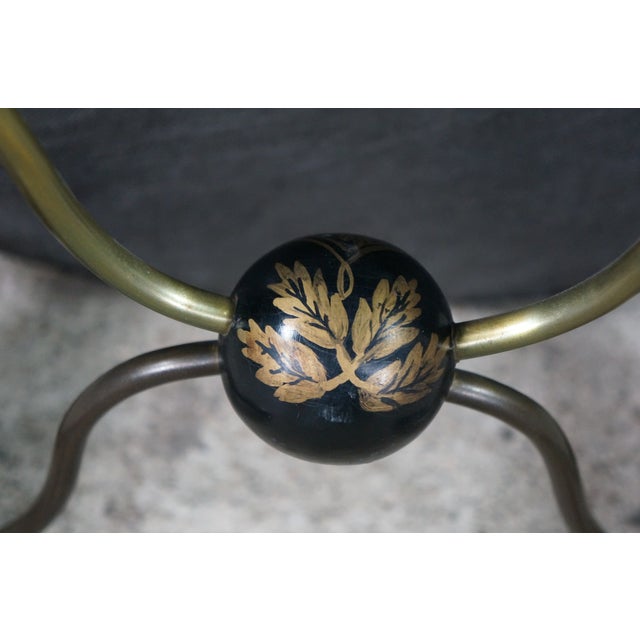 Mid Century Regency Style Ebonized Gold Painted Upholstered Stool Pouf Bench For Sale - Image 15 of 18