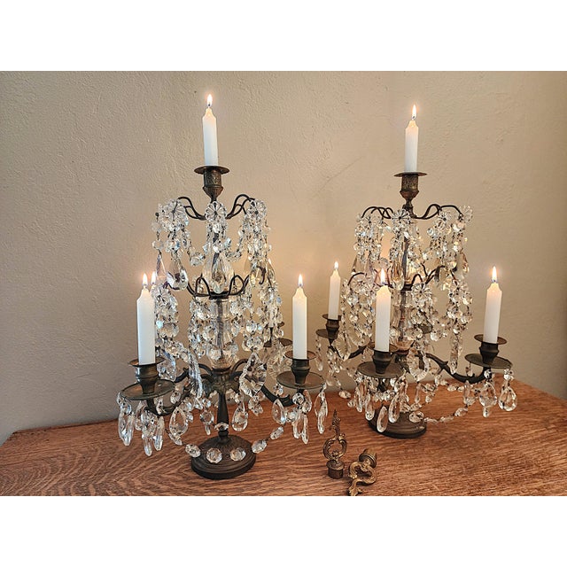 Exquisite Pair of Vintage Crystal Girandole Candelabra 5 Light Mantel Garnitures A magnificent pair of vintage crystal...