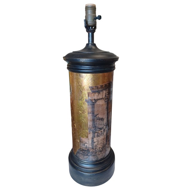 Vintage Eglomise reverse painted table lamp. Lamp is reverse painted gold and depicts black and white ruins. New wiring
