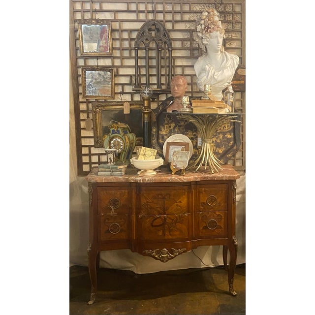 Antique French Louis XV - XVI Style Marble Top and Marquetry Inlaid Commode For Sale - Image 12 of 13