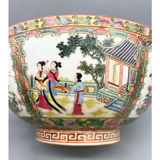 Ceramic Large Vintage Rose Medallion-Style Decorative Bowl – Hand-Painted Chinese Porcelain – 20th Century Export For Sale - Image 7 of 17
