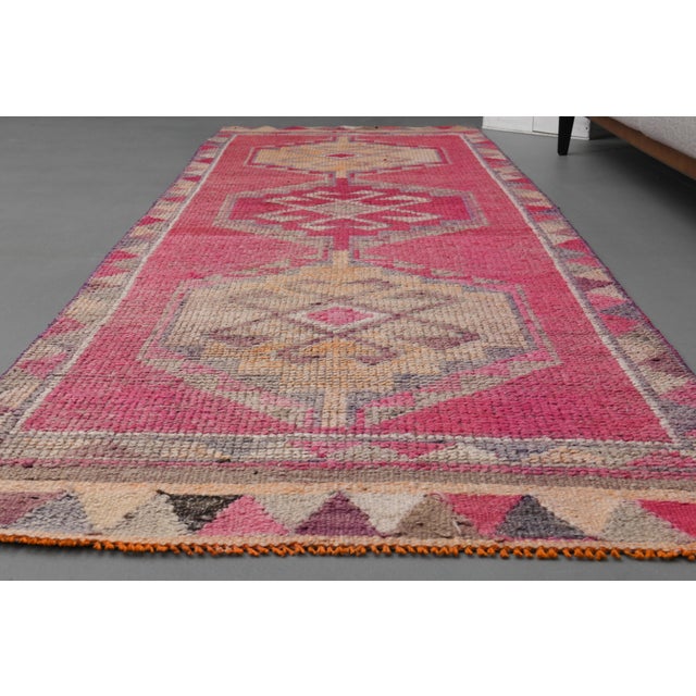Vintage Turkish Hand-Knotted Wool Cotton Pink Runner Rug For Sale - Image 4 of 12