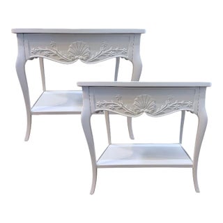 Pair of Vintage White Nightstands With Carved Shell & Floral Detail For Sale