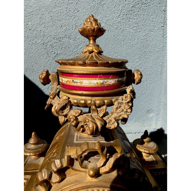 19th Century French Gilt Mantel Clock With Red Sevres Style Porcelain For Sale - Image 14 of 16