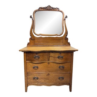 Hand Carved Tiger Oak Mirrored Dresser, Early 1900's, Pin and Cove Joint, Swivel Mirror For Sale