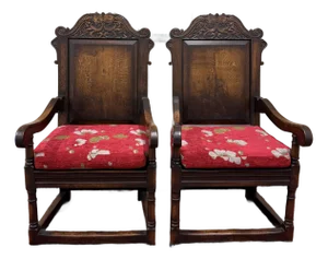 Antique Pair of English Carved Oak Wainscot Highbacked Armchairs C. 1900-1920