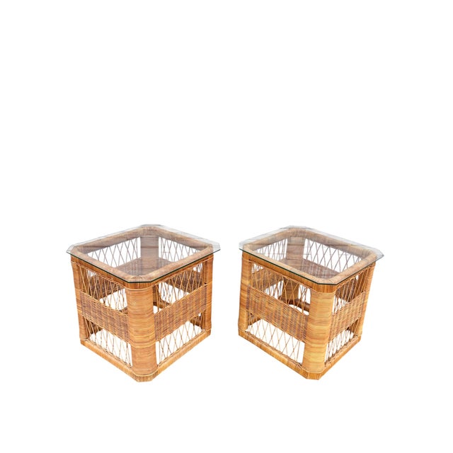 1970s Pair of Woven Rattan / Glass Side Tables For Sale - Image 4 of 11