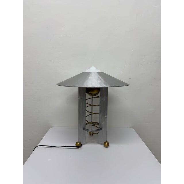 Art Deco Robert Sonneman Modernist Aluminum and Brass Table Lamp for Kovacs, 1990 For Sale - Image 3 of 17