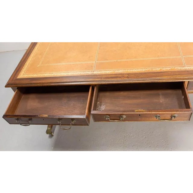 Metal Large English Double Side Desk in Wood, Leather & Iron, 1900s For Sale - Image 7 of 18