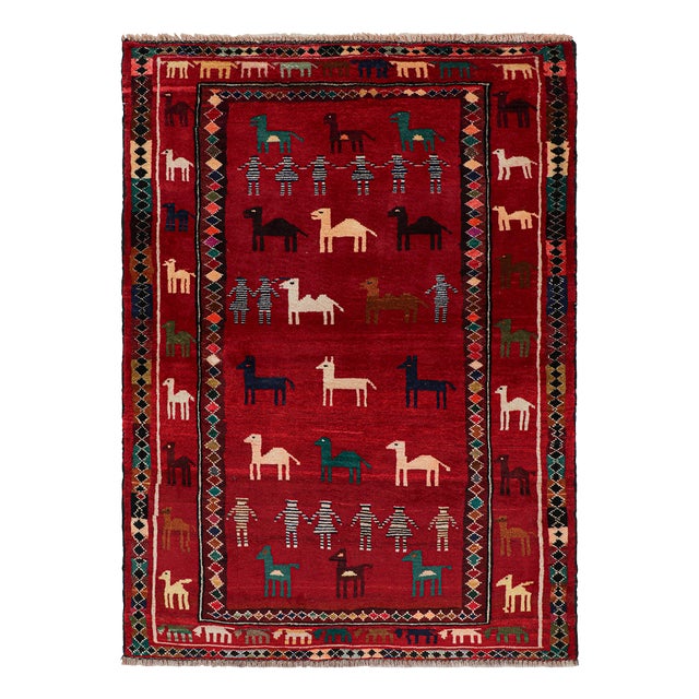 Rug & Kilim’s Modern Persian Gabbeh Rug in Red With Animal Pictorials For Sale