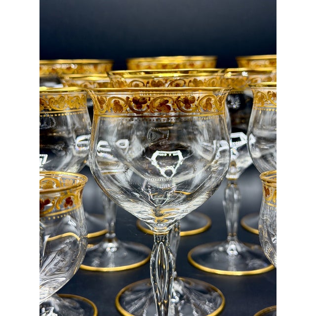 French Belle Époque Hand-Blown and Hand-Gilded Glass Champagne Coupes, Wine, Port and Liqueur Glasses, 1900s, Set of 18 For Sale - Image 17 of 18