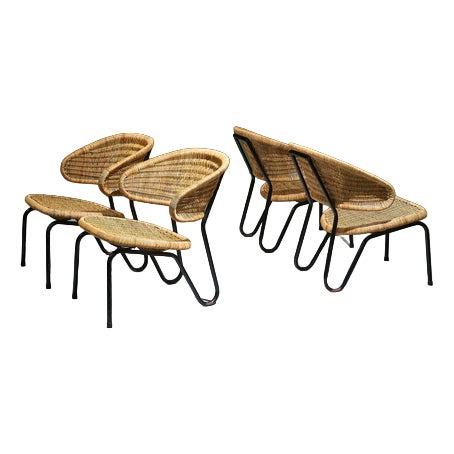 Rattan Lounge Chairs with Black Tubular Steel Frames by Dirk van Sliedregt for Gebroeders Jonkers, Netherlands, 1960s, Set of 4 For Sale