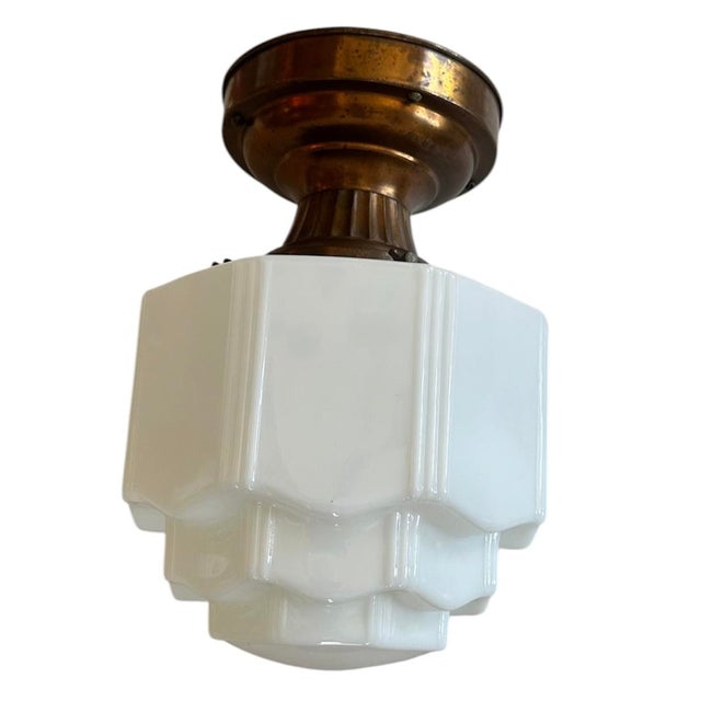 1930s Art Deco Skyscraper Flushmount Fixture on Old Copper Flashed Reeded Holder For Sale - Image 4 of 6