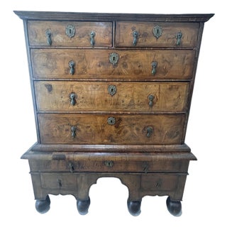 Antique William and Mary Burl Walnut Chest on Stand With Original Bronze Hardware and Cannonball Feet, Late 17th Century For Sale