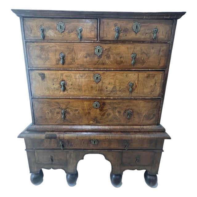 Antique William and Mary Burl Walnut Chest on Stand With Original Bronze Hardware and Cannonball Feet, Late 17th Century For Sale