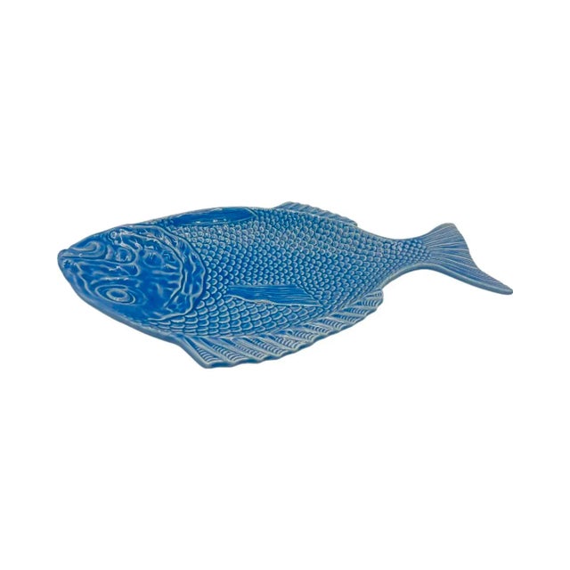1980s Vintage Bordallo Pinheiro Blue Ceramic Fish Serving Platter Dish, Portugal For Sale - Image 4 of 12