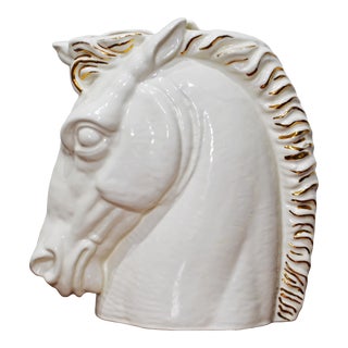 White and Gilt Glazed Art Deco Style Horse Head Vase Signed 1962 For Sale