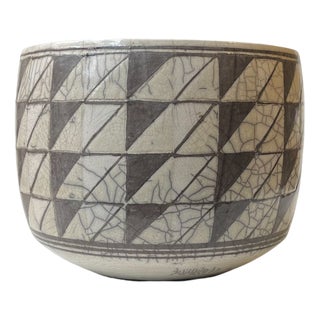 Scandinavian Geometric Ceramic Bowl or Planter in Raku Glaze, 1970s For Sale