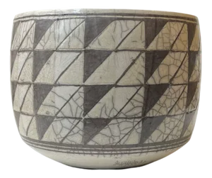Scandinavian Geometric Ceramic Bowl or Planter in Raku Glaze, 1970s