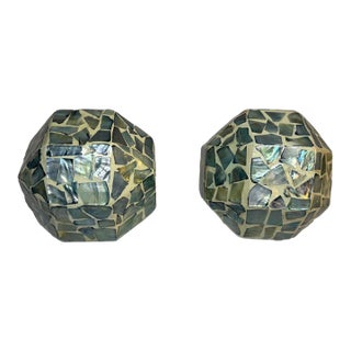Pair of Abalone Mosaic Decor Orbs Geometric Squared Spheres For Sale