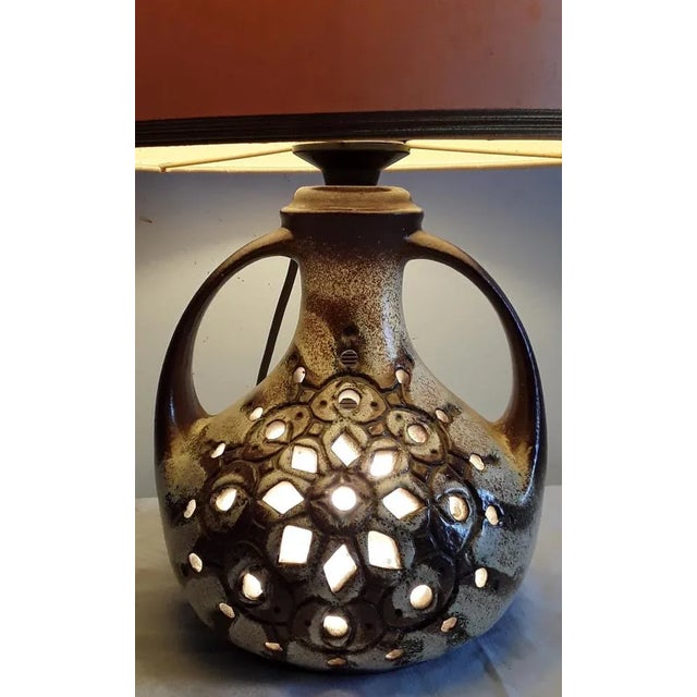 1970s Table Lamp with Brown and Beige Ceramic Base, Interior Lighting and Beige Fabric Shade, 1970s For Sale - Image 5 of 6