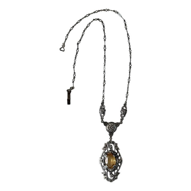 Antique Sterling Silver, Marcasite, and Citrine Art Nouveau Necklace For Sale