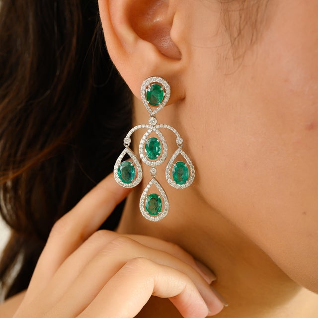 Not Yet Made - Made To Order Modern 18k Solid Gold Emerald Diamond Chandelier Earrings- A Pair For Sale - Image 5 of 10