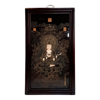 Chinese Porcelain Buddhist Temple Plaque Seated Kuan Yin For Sale