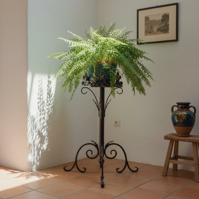 Rustic Hand Forged Iron Pedestal Stand 32″ (82cm) Antique Copper Patina Fleur-de-Lis Plant Holder & Pillar Candle Stick Rustic Decor For Sale - Image 3 of 10