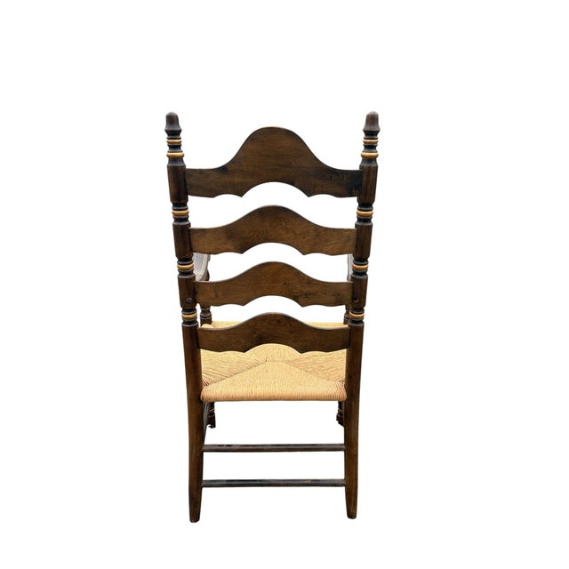 American Vintage American Primitive Style Solid Wood Rustic Ladder Back Rush Seat Dining Armchair Painted Backrest For Sale - Image 3 of 4