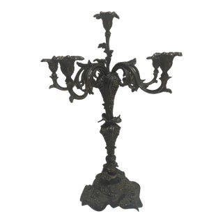 Vintage Rococo Candelabra Patinated Gilded Metal Brass Ornate 5 Arm With 6 Candles For Sale