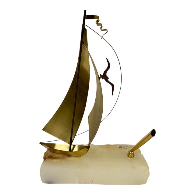 Mid 20th Century DeMott Brass Sailboat and Penholder on Onyx For Sale