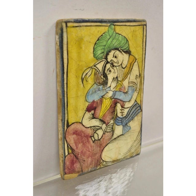 Antique Persian Iznik Qajar Style Ceramic Yellow Pottery Tile Loving Couple B C5 For Sale In Philadelphia - Image 6 of 10