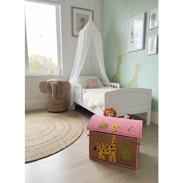 Pink Whimsical Handcrafted Raffia Giraffe Toy Box For Sale - Image 8 of 9