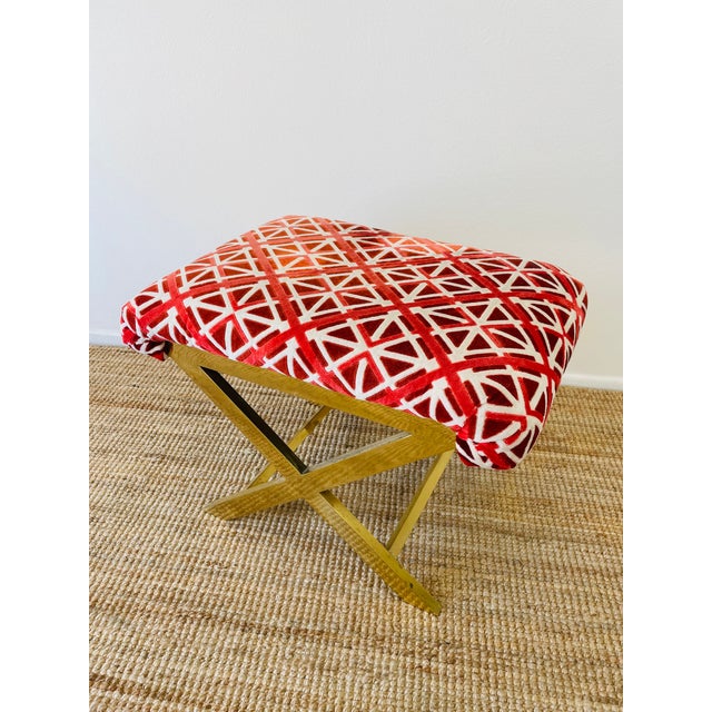 Vintage 1970s Pair of Brass X Base Weiman / Warren Lloyd Mastercraft Geometric Velvet Upholstered Stools Ottomans For Sale - Image 18 of 18