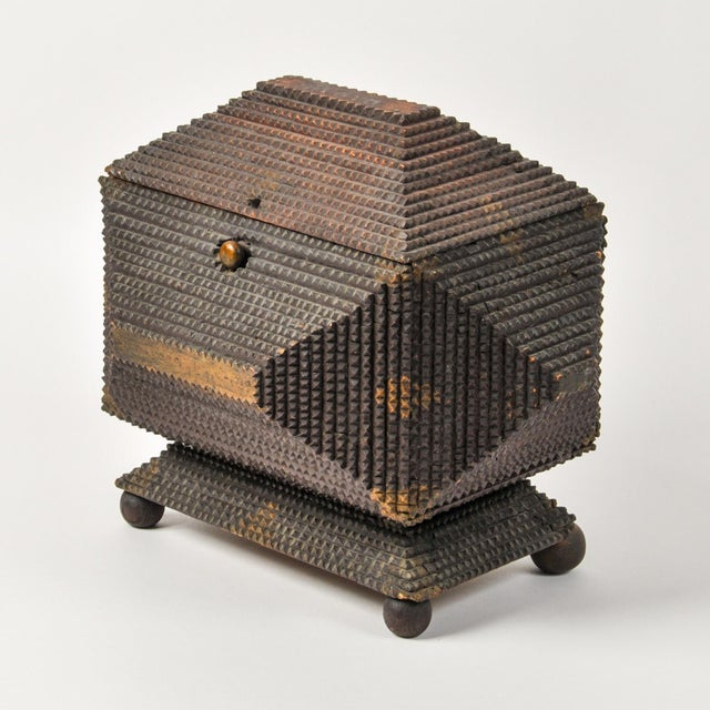 Early 20th Century Large Tramp Art Dresser Box: Chip Carved Folk Art, Round Feet, Gold Paint Remnants For Sale - Image 4 of 16