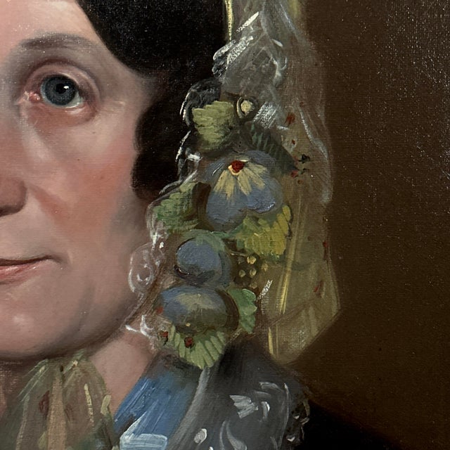 19th Century Antique 19th Century Victorian Portrait of Woman in Floral Lace Bonnet, Framed (Oil on Canvas) For Sale - Image 5 of 11