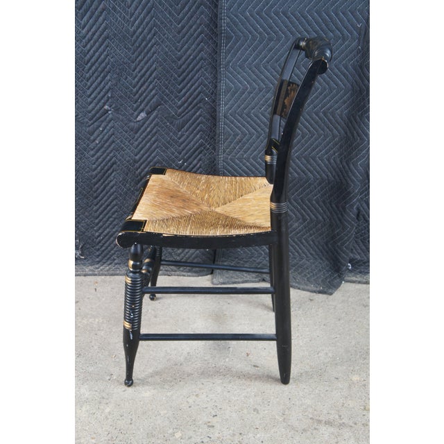 Early 20th Century 2 Antique L. Hitchcock Black Gold Stenciled Farmhouse Harvest Rush Seat Chairs For Sale - Image 5 of 13