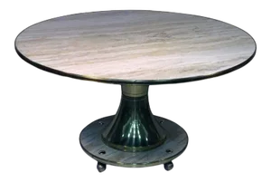 1970s Gio Ponti Style Italian Round Travertine Marble and Brass Dining Table