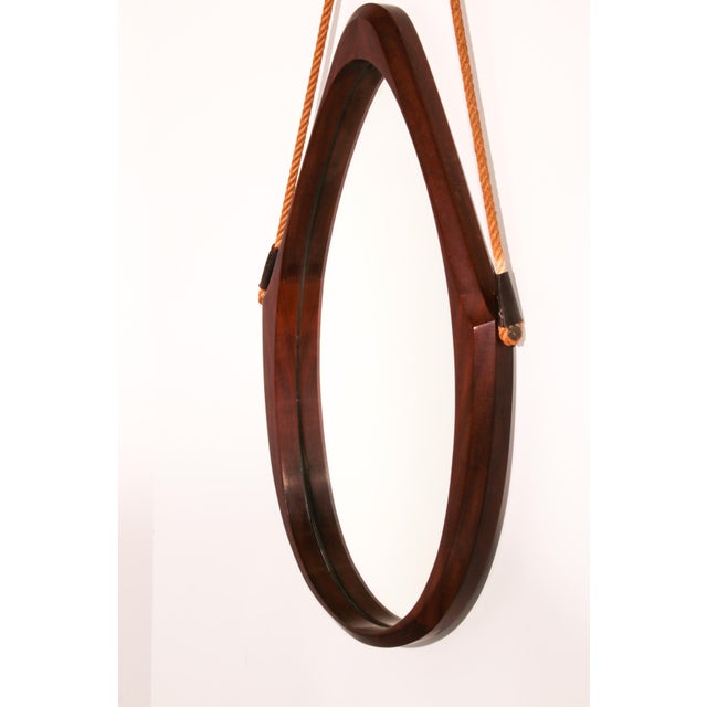 Mid-Century Italian Oval Mirror in Curved Teak, Rope and Leather, 1960s For Sale - Image 6 of 8
