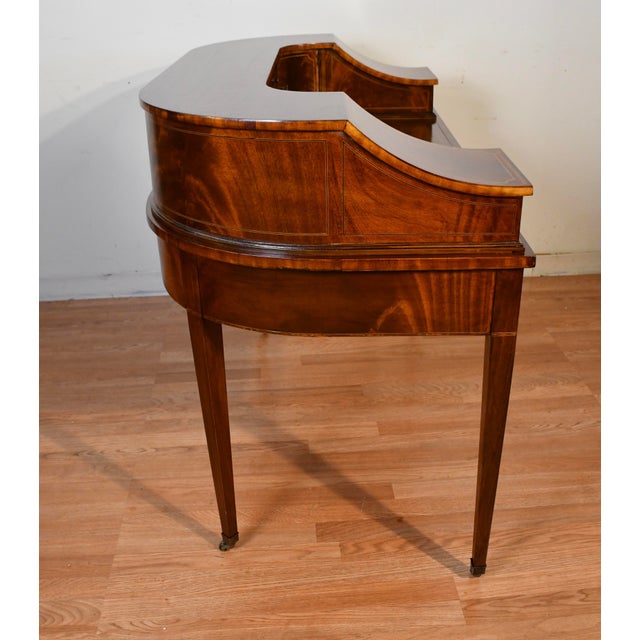 1930s English Regency Mahogany Inlaid & Leather Top Carlton Writing Desk For Sale - Image 6 of 18