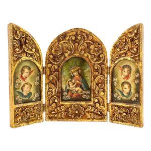 19th C. Spanish Colonial Carved Giltwood Triptych of Virgin Mary & Christ Child