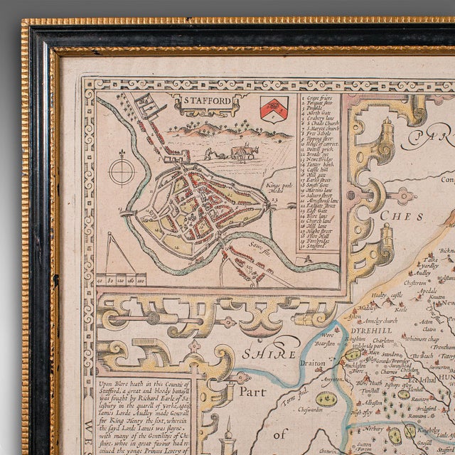 Glass Antique Stafford County Map, English, Atlas Engraving, 17th Century, Cartography For Sale - Image 7 of 12