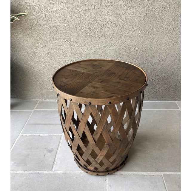 1970s Henredon Circa 76 Collection Solid Oak Slat Barrel Drum Drinks Table With Nail Stud Accents For Sale - Image 5 of 13