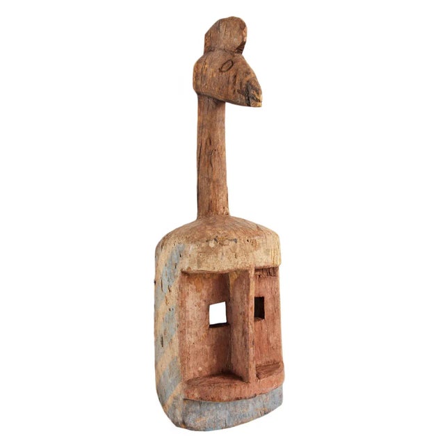 Authentic vintage Dogon tribal bird/crested guinea fowl mask from Mali. Original aged patina with remnants of blue striped...