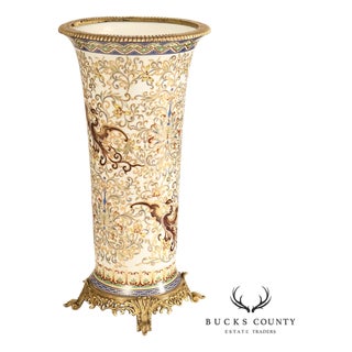 Hand Painted Porcelain Decorative Vase with Gilded Metal Base and Cap For Sale