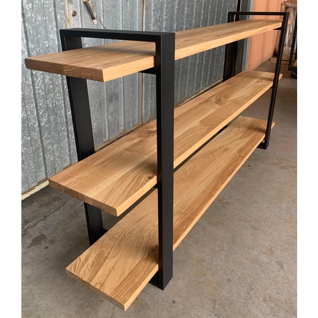 Brown New Custom Etagere with Three Oak Shelves and Iron Structure For Sale - Image 8 of 18