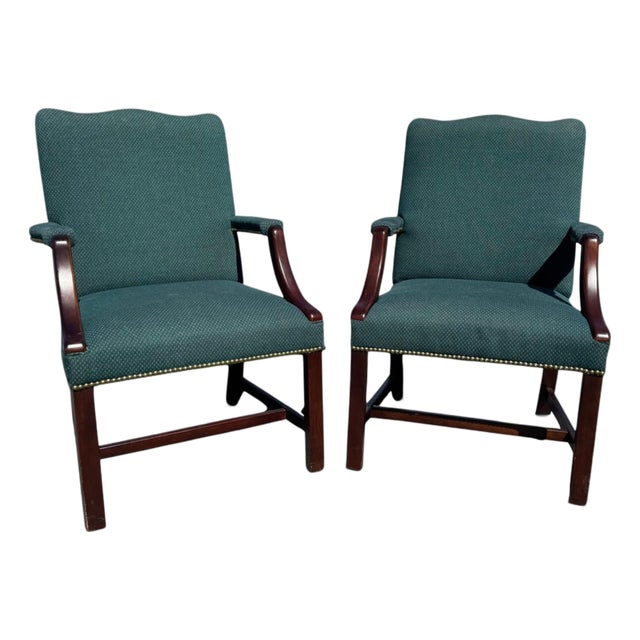 Vintage Chippendale Mahogany Lolling Chairs – Pair Upholstered Armchairs – Stow & Davis For Sale