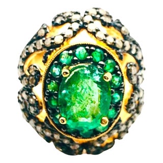 Bochic "Orient" Natural Emerald & Natural Diamond Ring Set In 18K Gold &Silver For Sale