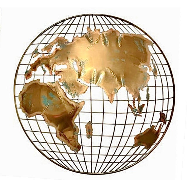 Mid-Century Modern Iconic Curtis Jere World Globe Torch-Cut Brutalist Abstract Metal Art Brass Wall Sculpture, a Pair For Sale - Image 3 of 14